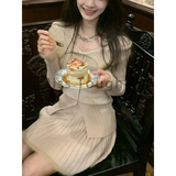 Beige Knit Two-Piece Set – Collared Cardigan & Pleated Skirt from Kawaii Stop