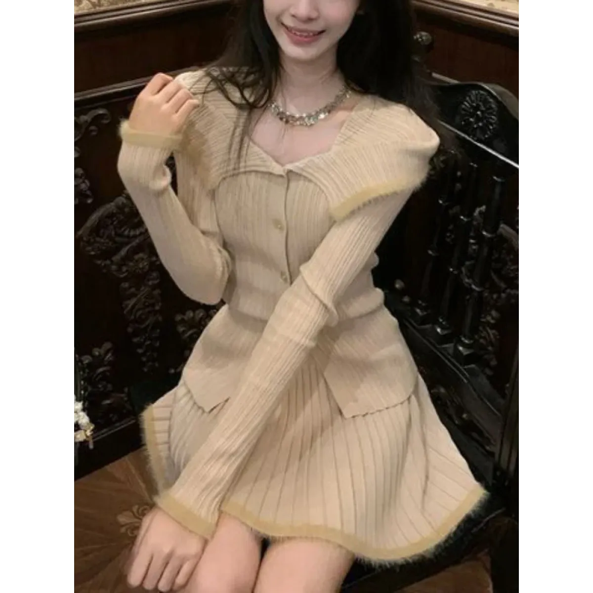 Beige Knit Two-Piece Set – Collared Cardigan & Pleated Skirt from Kawaii Stop