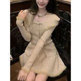 Beige Knit Two-Piece Set – Collared Cardigan & Pleated Skirt from Kawaii Stop