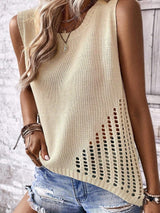 Beige Pointelle Bottom Detail Knitted Sleeveless Sweater Tank Top From MsDressly