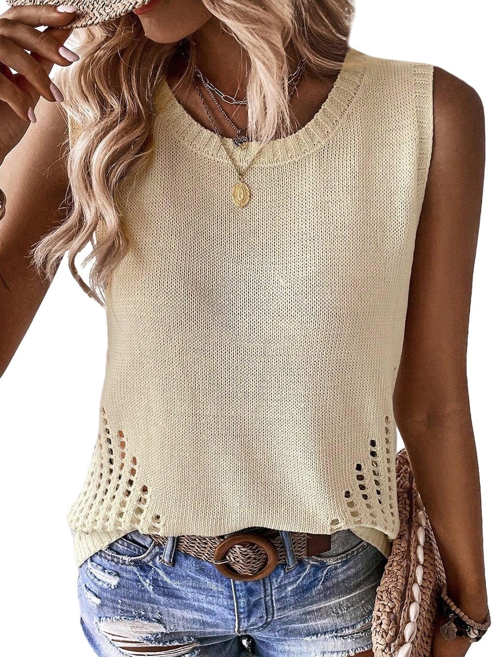 Beige Pointelle Bottom Detail Knitted Sleeveless Sweater Tank Top From MsDressly