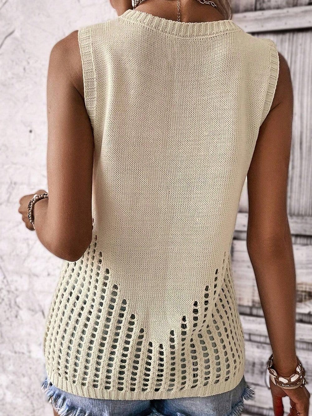 Beige Pointelle Bottom Detail Knitted Sleeveless Sweater Tank Top From MsDressly