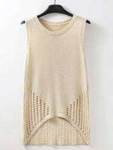 Beige Pointelle Bottom Detail Knitted Sleeveless Sweater Tank Top From MsDressly