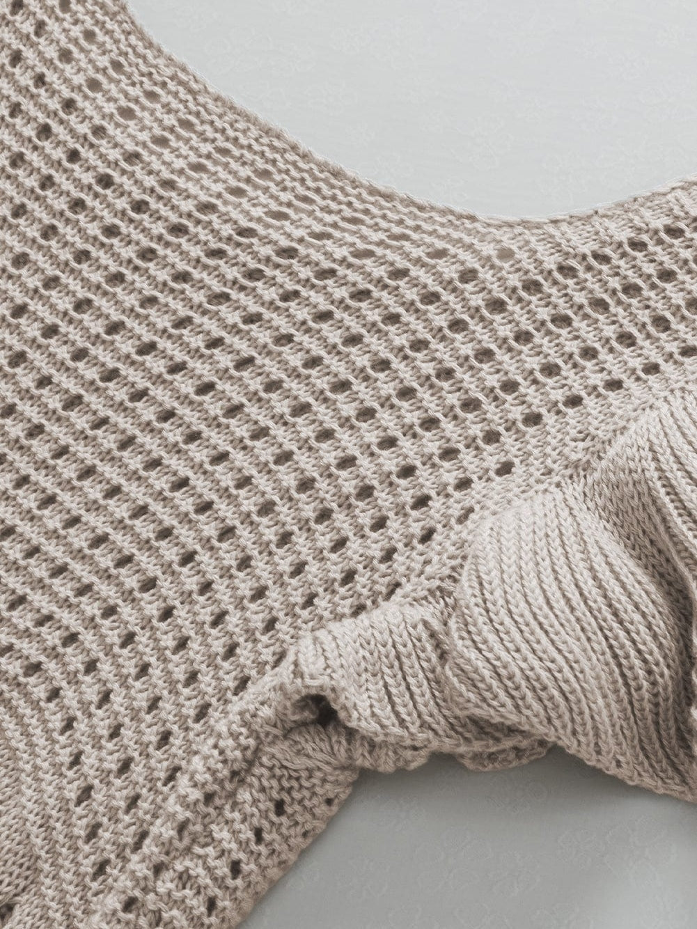 Beige Pointelle Knit Ruffle Sleeve Sweater for Chic Summer Styling from MsDressly