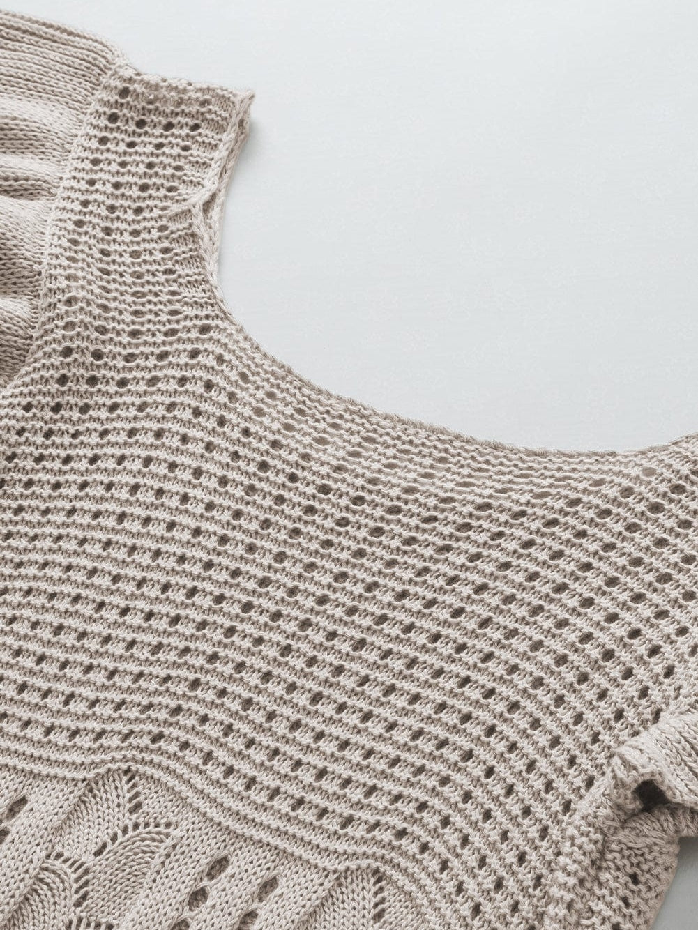 Beige Pointelle Knit Ruffle Sleeve Sweater for Chic Summer Styling from MsDressly