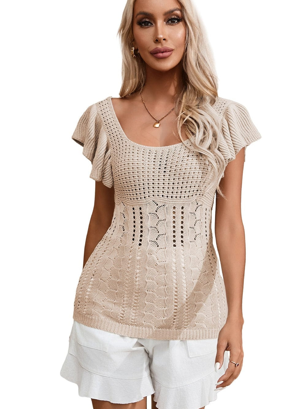 Beige Pointelle Knit Ruffle Sleeve Sweater for Chic Summer Styling from MsDressly