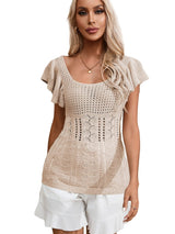 Beige Pointelle Knit Ruffle Sleeve Sweater for Chic Summer Styling from MsDressly