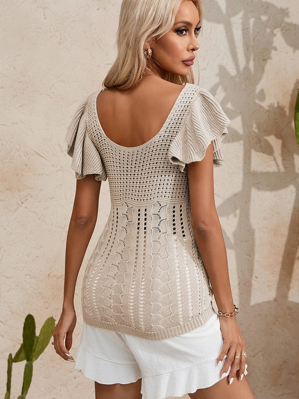 Beige Pointelle Knit Ruffle Sleeve Sweater for Chic Summer Styling from MsDressly