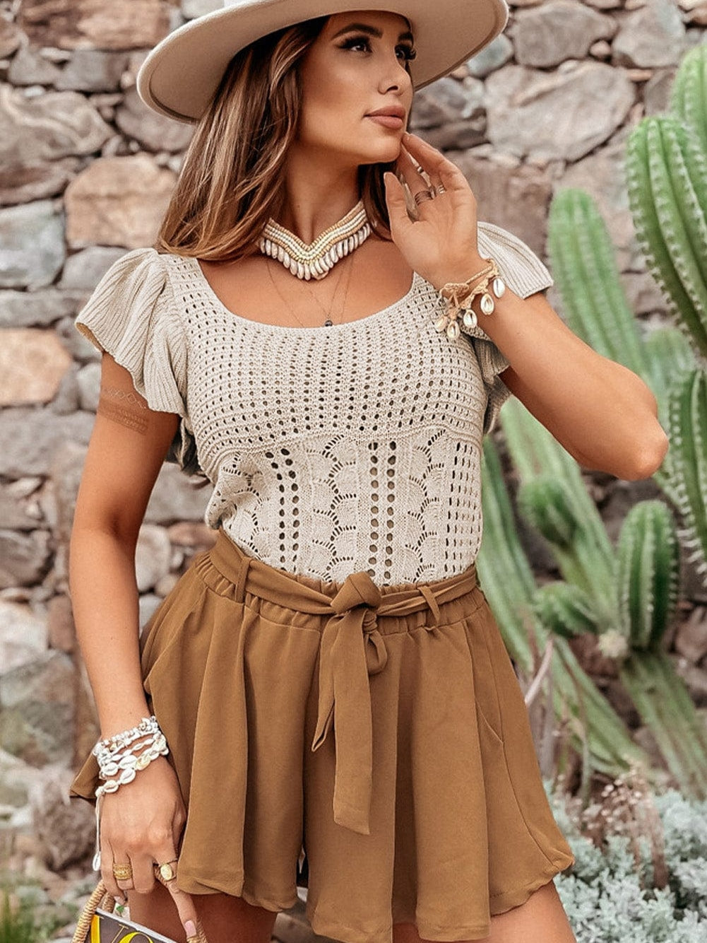 Beige Pointelle Knit Ruffle Sleeve Sweater for Chic Summer Styling from MsDressly