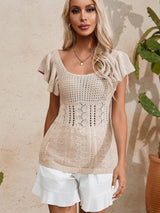 Beige Pointelle Knit Ruffle Sleeve Sweater for Chic Summer Styling from MsDressly