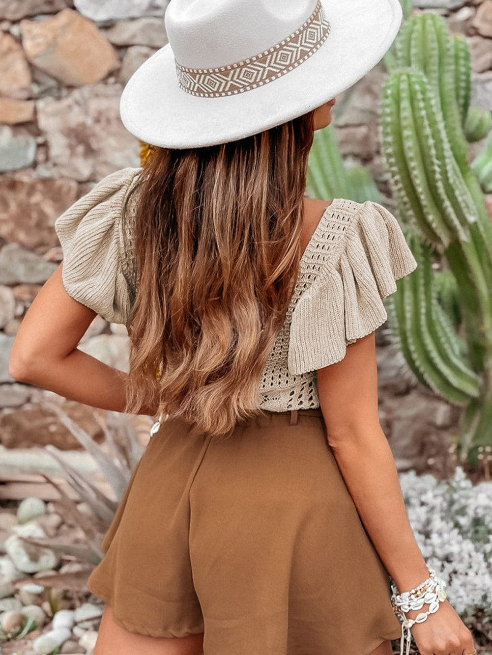 Beige Pointelle Knit Ruffle Sleeve Sweater for Chic Summer Styling from MsDressly