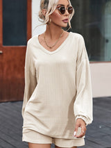 Beige Ribbed Slouchy Top and Shorts Set with Pockets from MsDressly