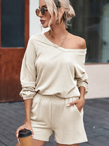 Beige Ribbed Slouchy Top and Shorts Set with Pockets from MsDressly