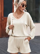 Beige Ribbed Slouchy Top and Shorts Set with Pockets from MsDressly