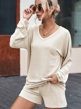 Beige Ribbed Slouchy Top and Shorts Set with Pockets from MsDressly