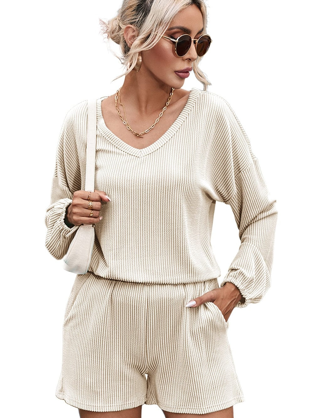 Beige Ribbed Slouchy Top and Shorts Set with Pockets from MsDressly