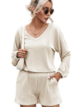 Beige Ribbed Slouchy Top and Shorts Set with Pockets from MsDressly