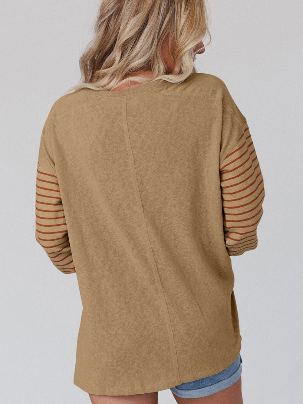 Beige Striped Bishop Sleeve Top with Colorblock Detail from MsDressly