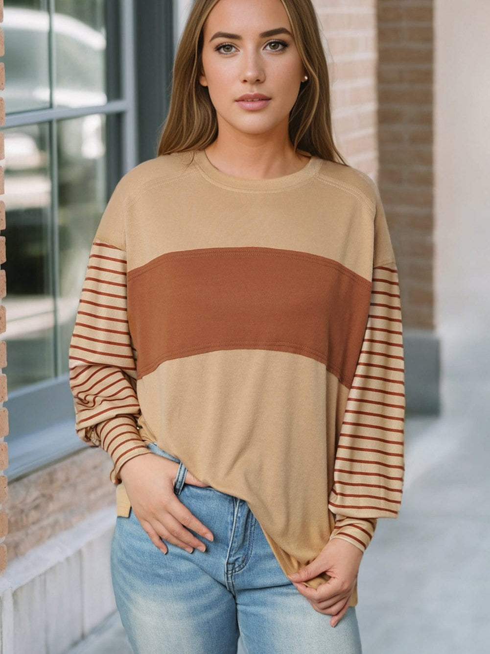 Beige Striped Bishop Sleeve Top with Colorblock Detail from MsDressly