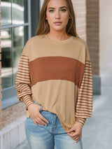 Beige Striped Bishop Sleeve Top with Colorblock Detail from MsDressly