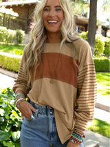 Beige Striped Bishop Sleeve Top with Colorblock Detail from MsDressly