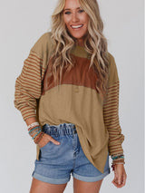 Beige Striped Bishop Sleeve Top with Colorblock Detail from MsDressly