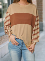 Beige Striped Bishop Sleeve Top with Colorblock Detail from MsDressly