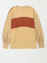Beige Striped Bishop Sleeve Top with Colorblock Detail from MsDressly