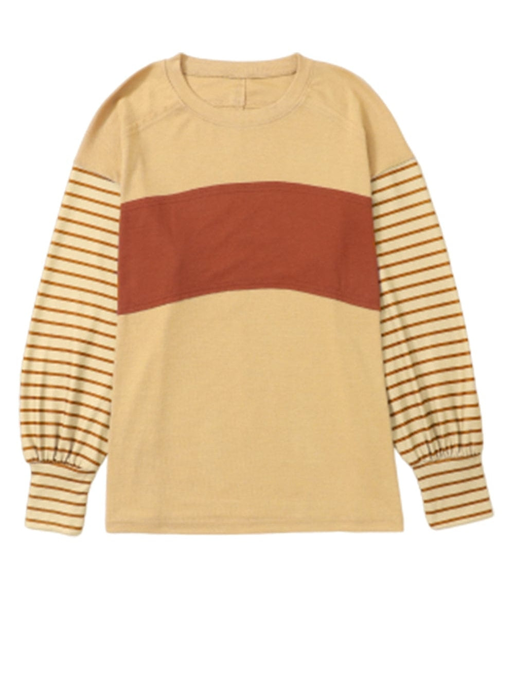Beige Striped Bishop Sleeve Top with Colorblock Detail from MsDressly