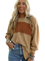 Beige Striped Bishop Sleeve Top with Colorblock Detail from MsDressly