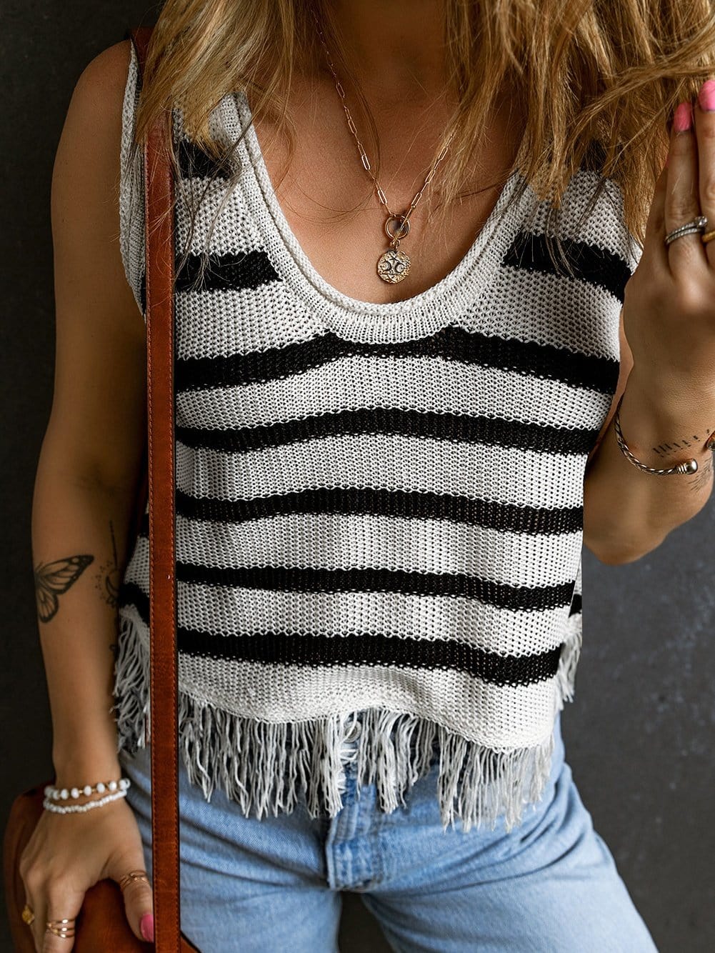 Beige Striped Fringe Detail Tank Top From MsDressly