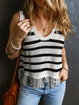 Beige Striped Fringe Detail Tank Top From MsDressly