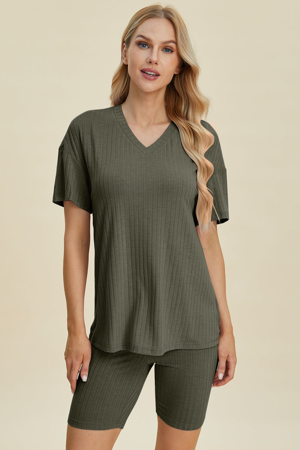 Basic Bae Full Size Ribbed V-Neck Short Sleeve Top and Shorts Set from Enfance-Heureuse