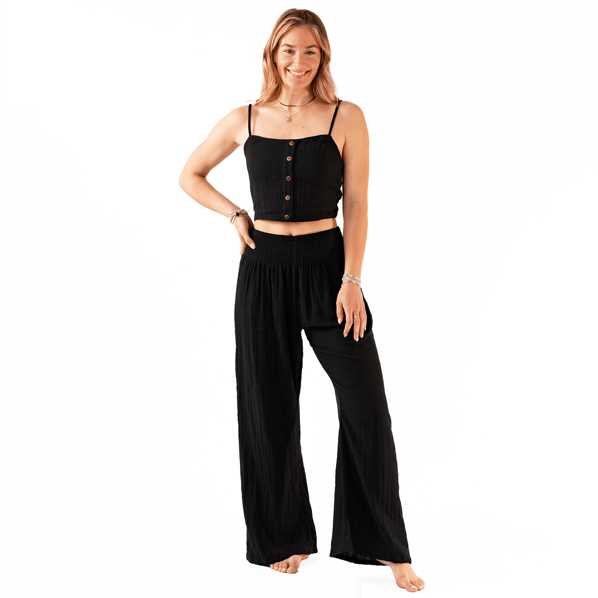 Black Cotton Crop Top & Wide Leg Pants Lounge Set From LotusAndLuna