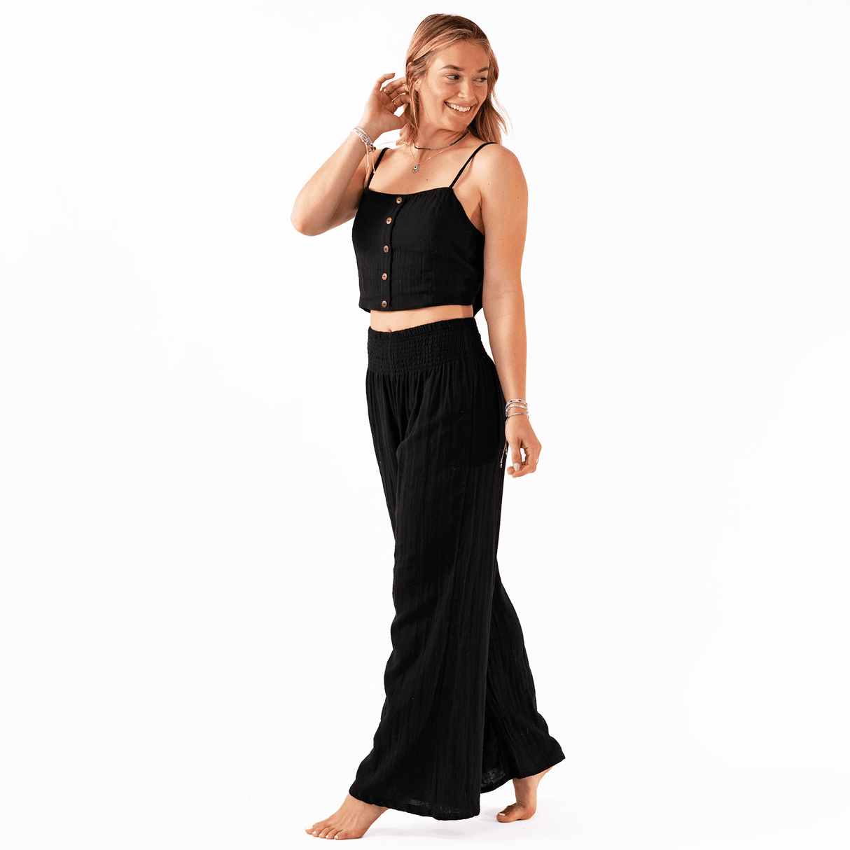 Black Cotton Crop Top & Wide Leg Pants Lounge Set From LotusAndLuna
