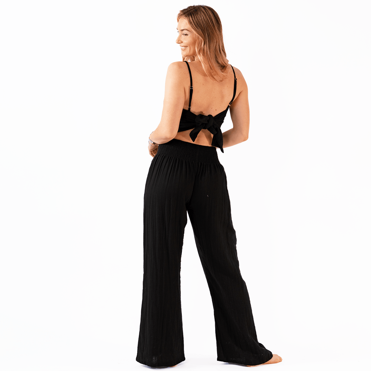 Black Cotton Crop Top & Wide Leg Pants Lounge Set From LotusAndLuna