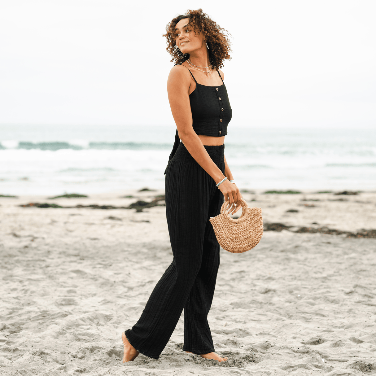 Black Cotton Crop Top & Wide Leg Pants Lounge Set From LotusAndLuna