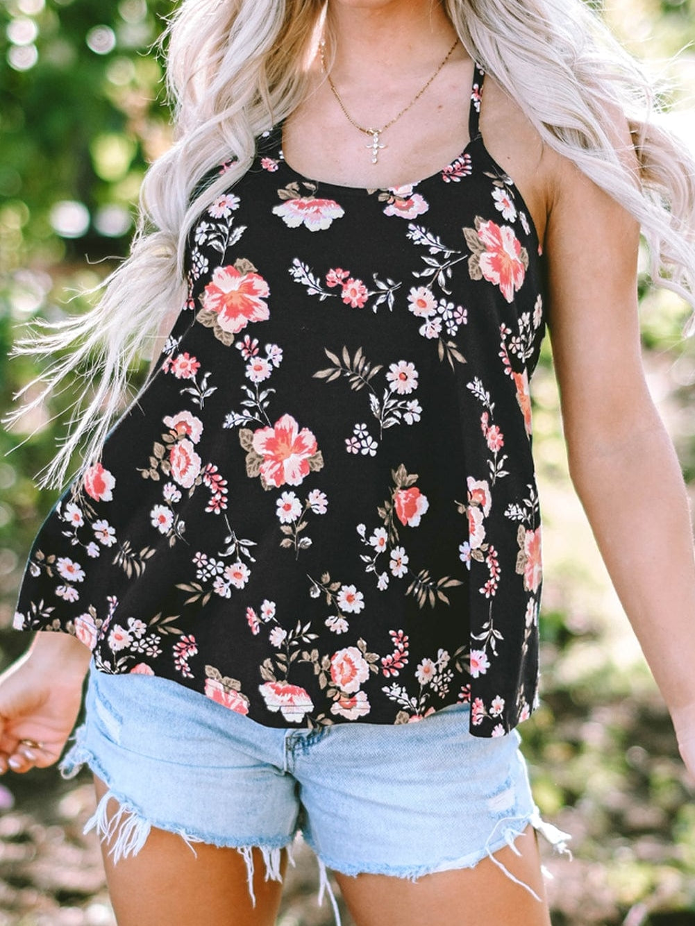 Black Floral Strappy Back Tank Top From MsDressly