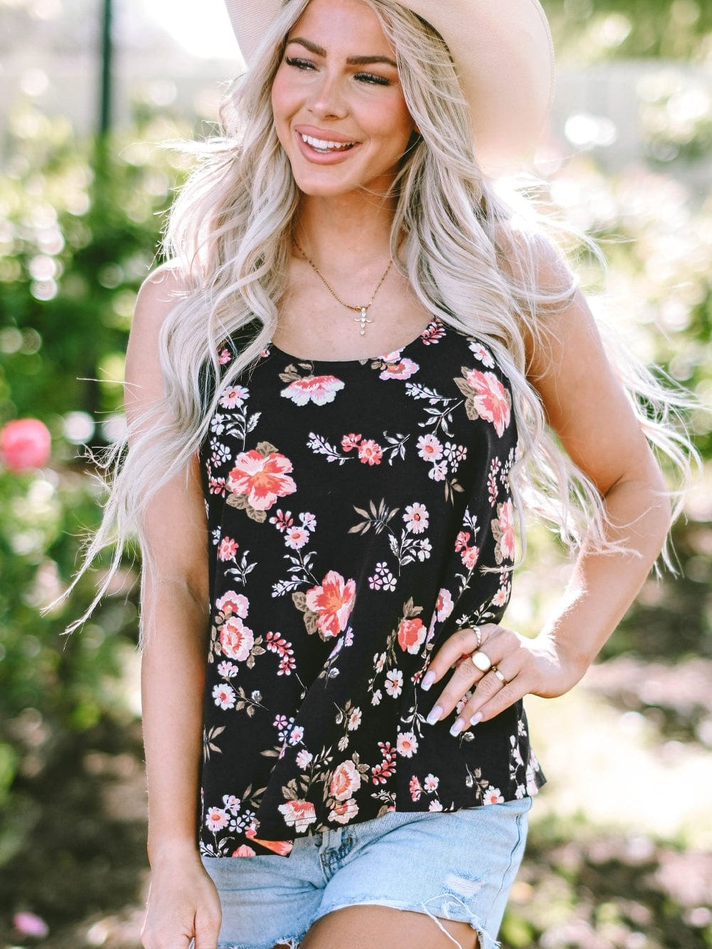 Black Floral Strappy Back Tank Top From MsDressly
