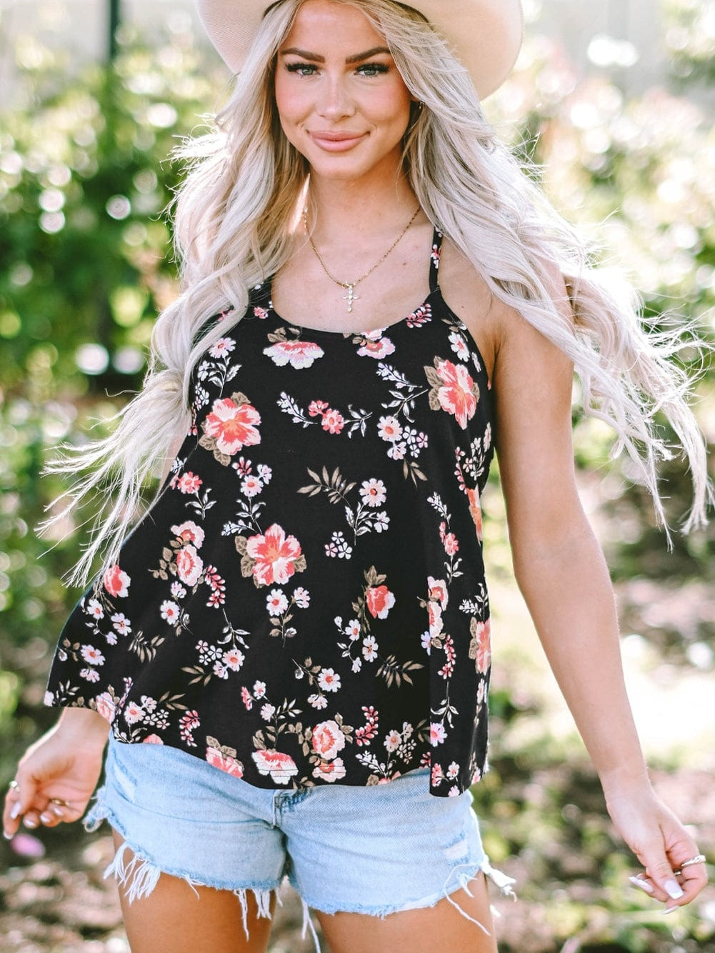 Black Floral Strappy Back Tank Top From MsDressly