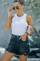 Black Frayed Denim Shorts with High Waist from MsDressly