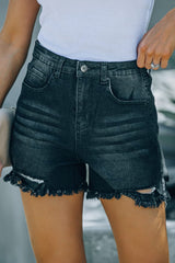Black Frayed Denim Shorts with High Waist from MsDressly
