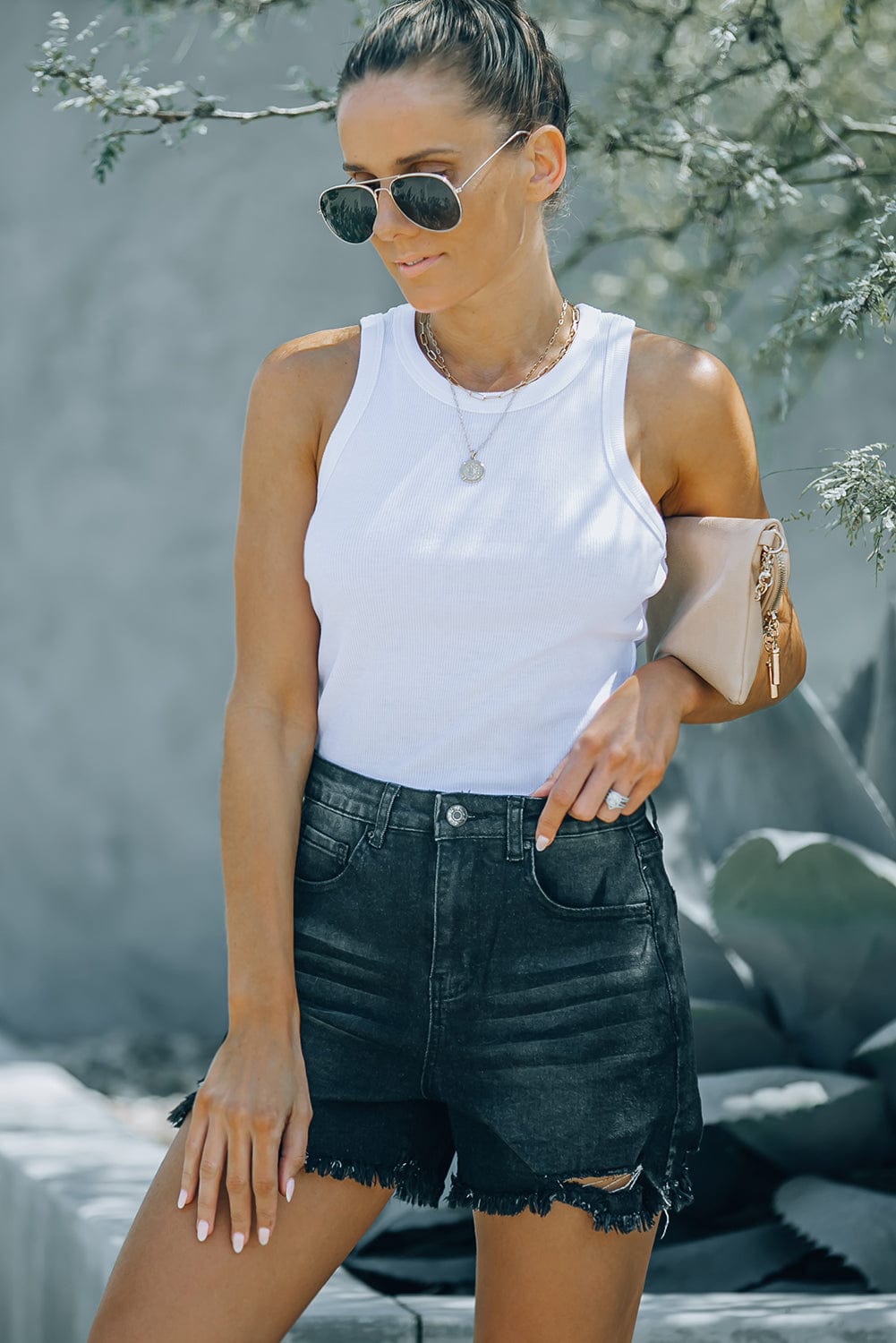 Black Frayed Denim Shorts with High Waist from MsDressly