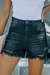 Black Frayed Denim Shorts with High Waist from MsDressly