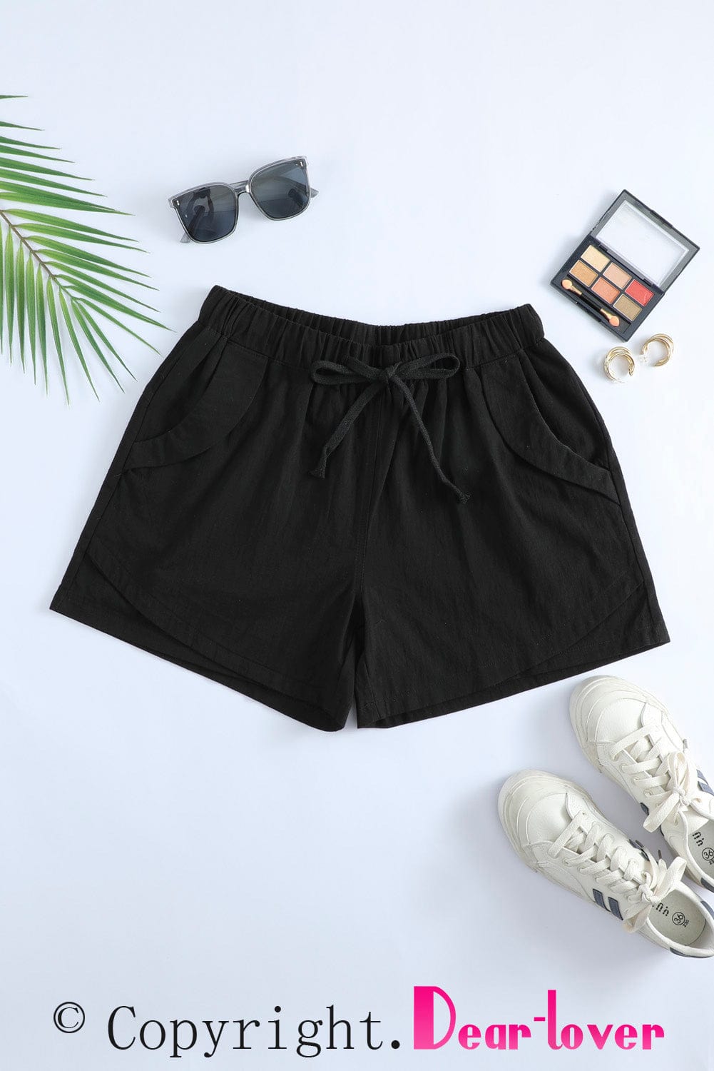 Black Linen Drawstring Shorts from MsDressly