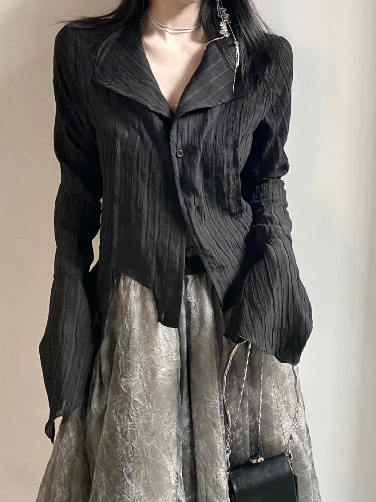 Black Pleated Gothic Harajuku Blouse – Button-Up Long Sleeve From Kawaii Stop