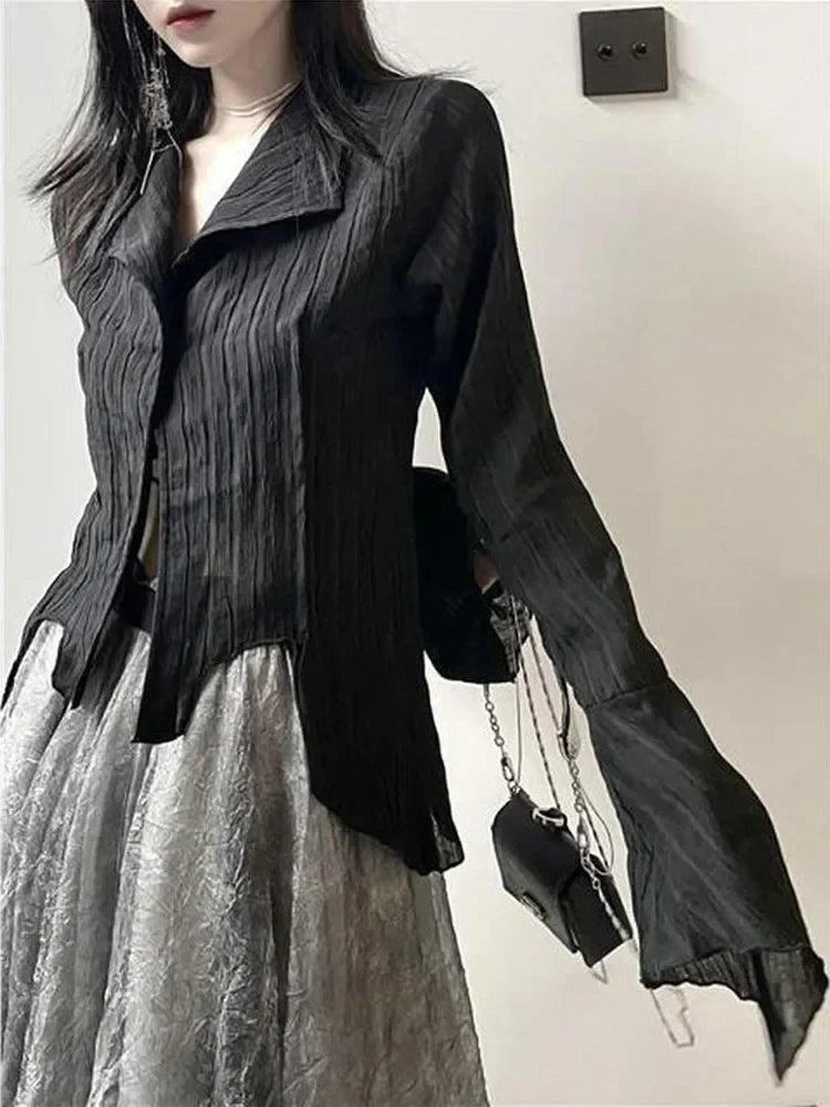 Black Pleated Gothic Harajuku Blouse – Button-Up Long Sleeve From Kawaii Stop
