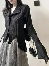 Black Pleated Gothic Harajuku Blouse – Button-Up Long Sleeve From Kawaii Stop