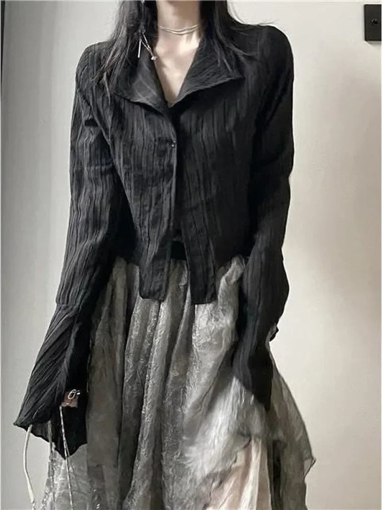 Black Pleated Gothic Harajuku Blouse – Button-Up Long Sleeve From Kawaii Stop