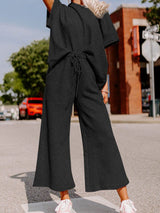 Black Ribbed Casual Lounge Set with Loose Fit Top and Drawstring Pants from MsDressly